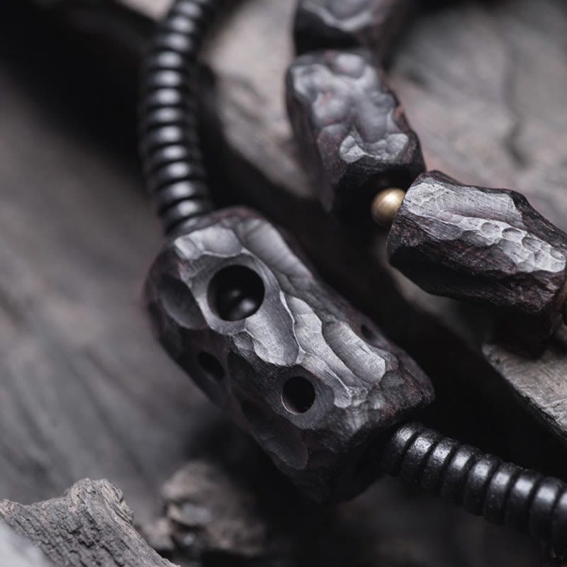 Bracelet double tour en bois d'ébène et agate rouge Peace de 8,5 mm