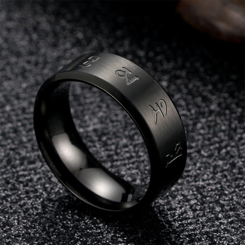 Bague en acier titane avec mantra Jambhala noir