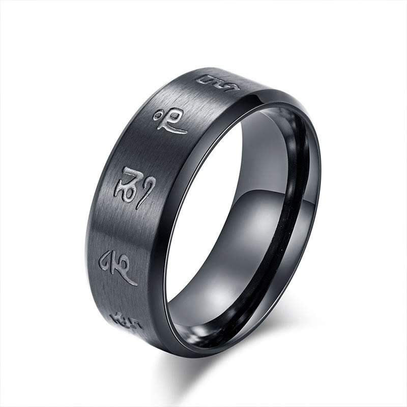 Bague en acier titane avec mantra Jambhala noir