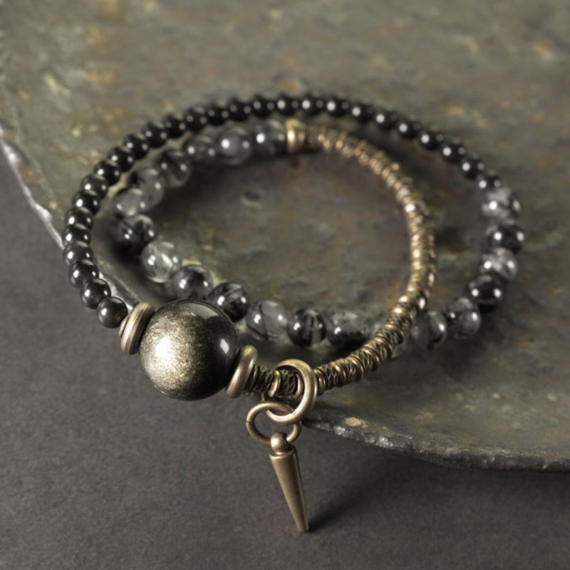 Bracelet de protection double tour en obsidienne dorée