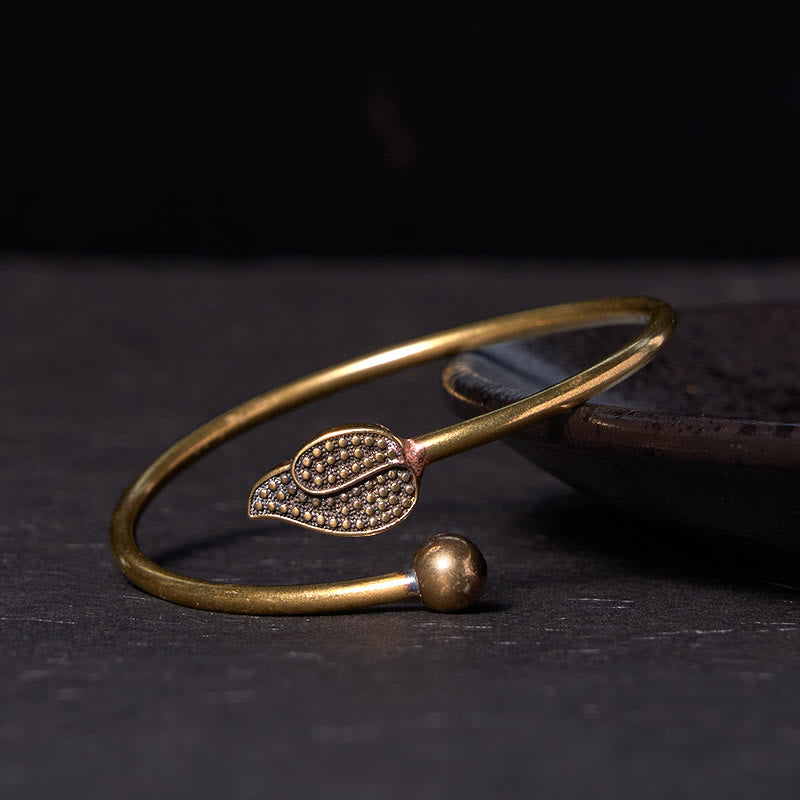 Adjustable Copper Leaf Bead Cuff Bracelet for Luck & Wealth