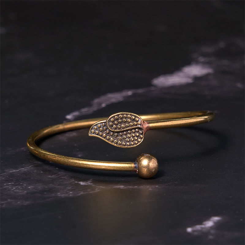 Adjustable Copper Leaf Bead Cuff Bracelet for Luck & Wealth