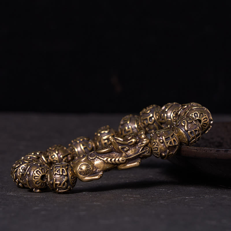 Men's Copper Pixiu Fu Character Bracelet with Om Mani Padme Hum Beads
