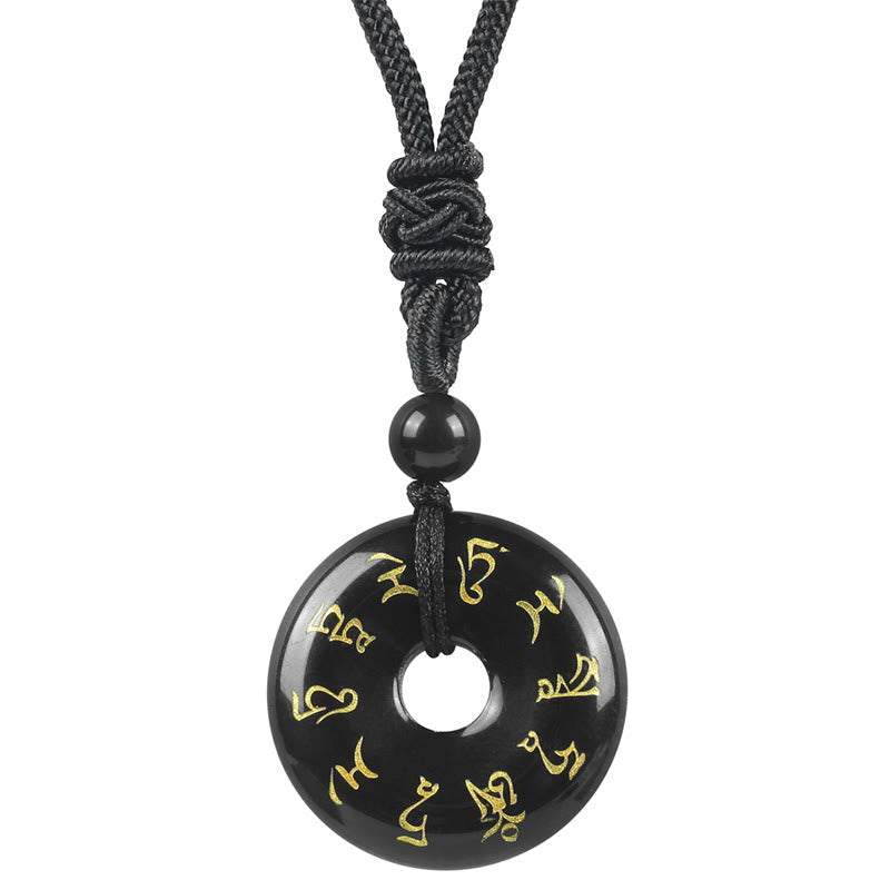 Collier pendentif en obsidienne noire avec mantra de Tara verte