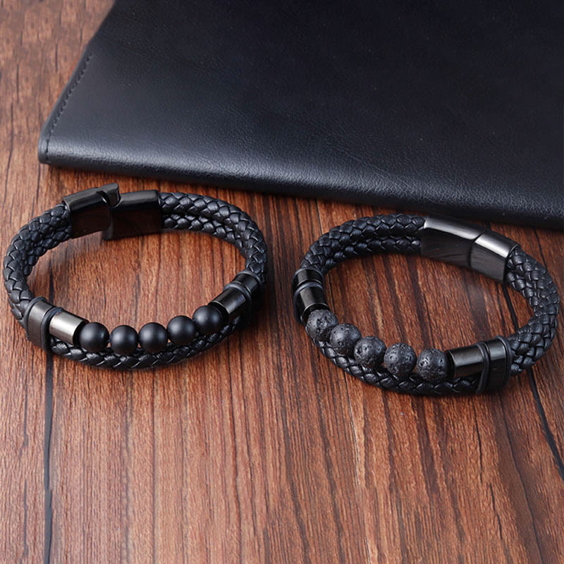 Lava Rock Frosted Stone Magnetic Leather Spiritual Bracelet