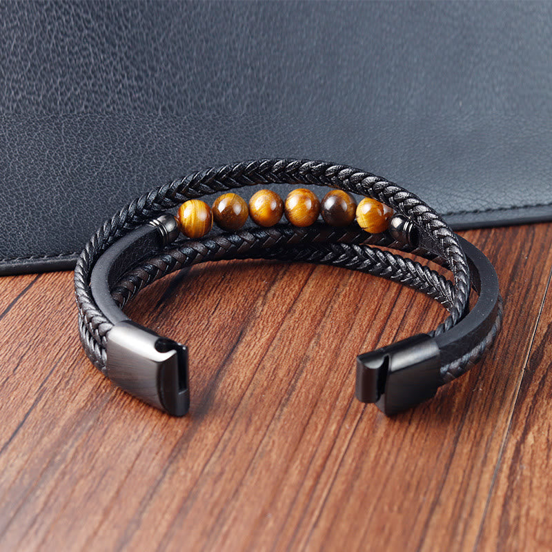 Bracelet de protection en cuir œil de tigre pour homme 18-20 cm
