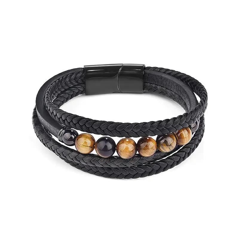 Bracelet de protection en cuir œil de tigre pour homme 18-20 cm
