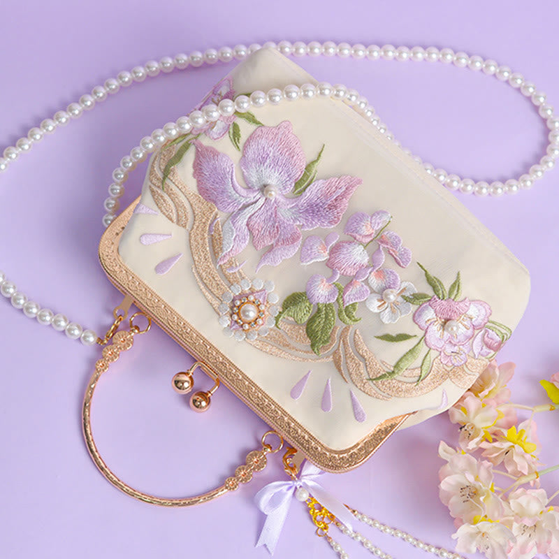 Sac à pompons brodé de fleurs violet clair pour l'énergie spirituelle