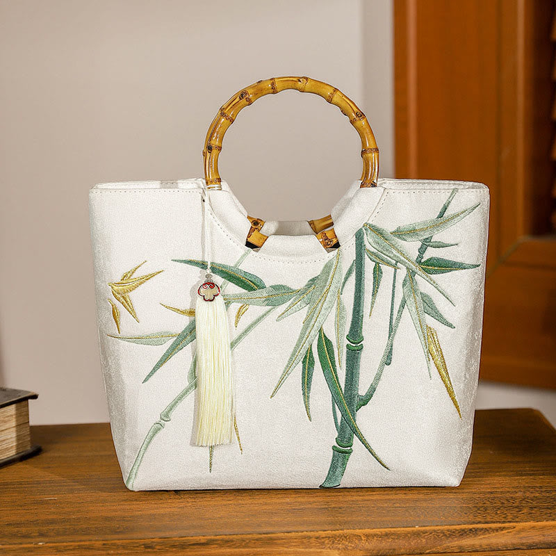 Sac de yoga brodé en bambou blanc avec poignée à pompon