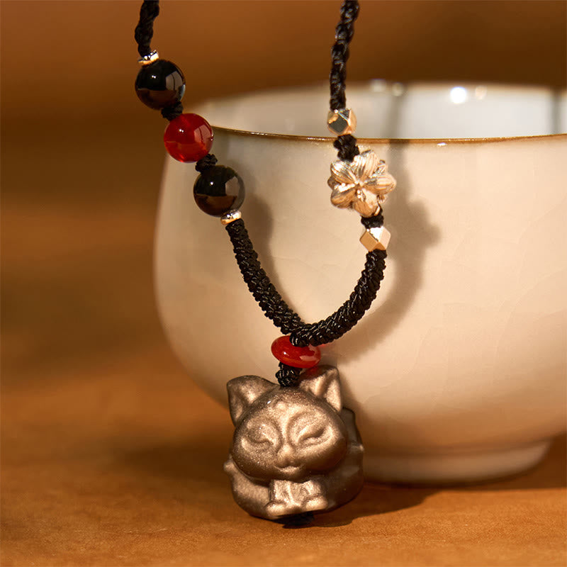 Silver Sheen Obsidian Nine Tailed Fox Protection Necklace