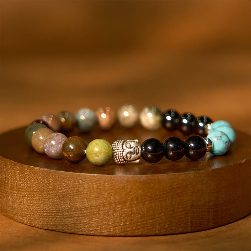 8mm Buddha Head Protection Bracelet with Mixed Gemstones