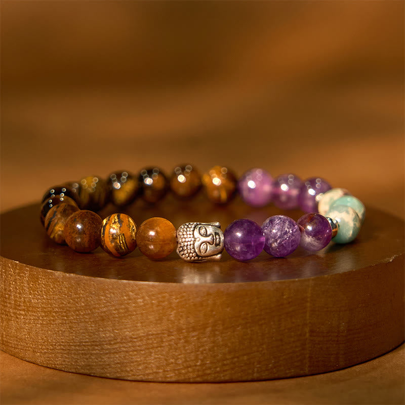 8mm Buddha Head Protection Bracelet with Mixed Gemstones