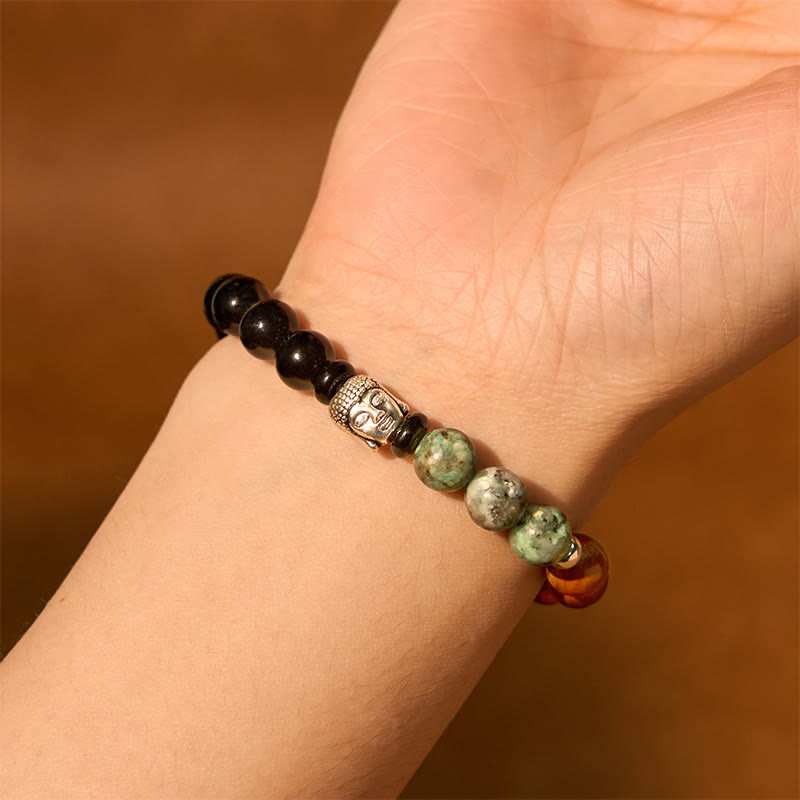 8mm Buddha Head Protection Bracelet with Mixed Gemstones