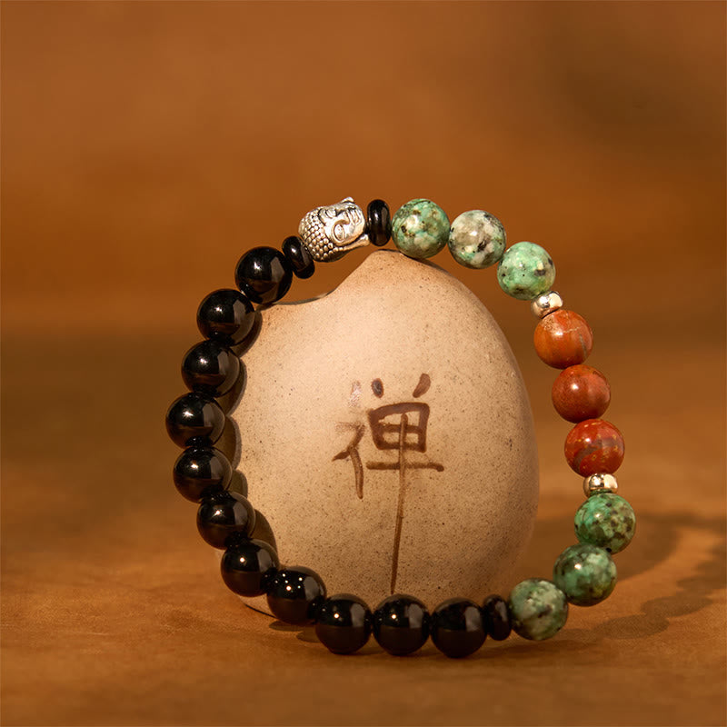 8mm Buddha Head Protection Bracelet with Mixed Gemstones