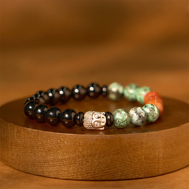8mm Buddha Head Protection Bracelet with Mixed Gemstones
