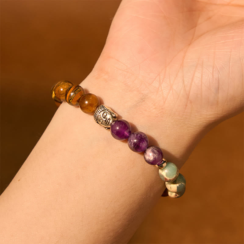 8mm Buddha Head Protection Bracelet with Mixed Gemstones