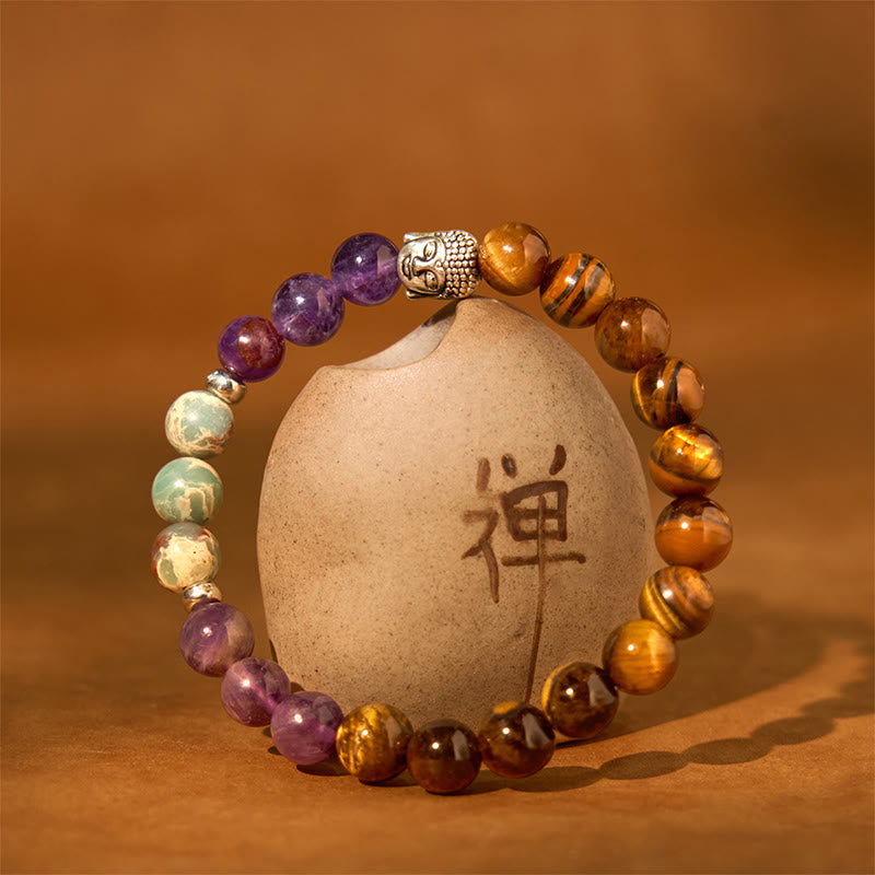 8mm Buddha Head Protection Bracelet with Mixed Gemstones