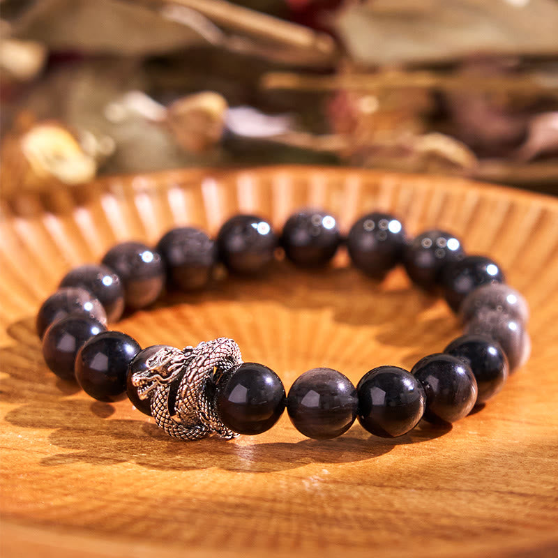 Bracelet de protection dragon en obsidienne argentée brillante de 10 mm