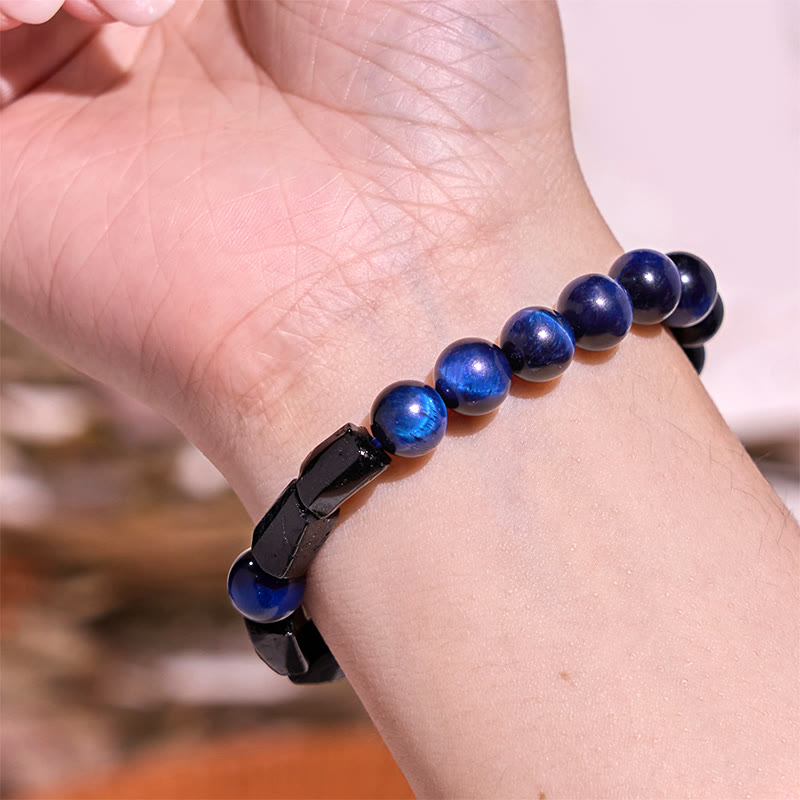 Bracelet de force en œil de tigre bleu et tourmaline noire - 8 mm