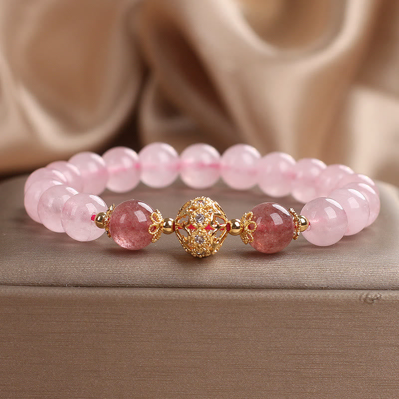 Bracelet Love en cristal rose et quartz fraise 14-16 cm