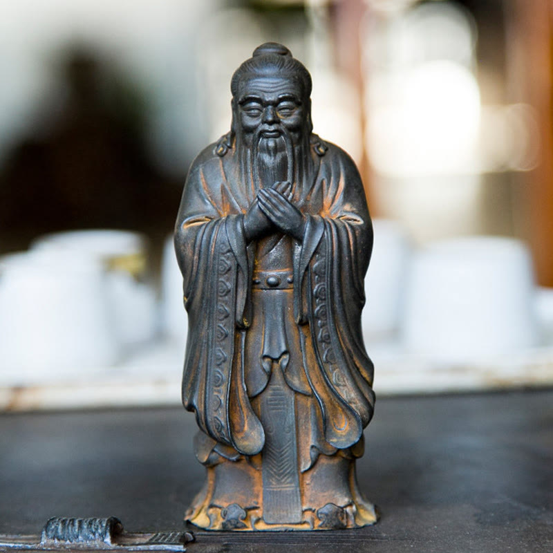 Statue de Confucius en résine de poudre de fer spirituelle faite à la main de 14 cm