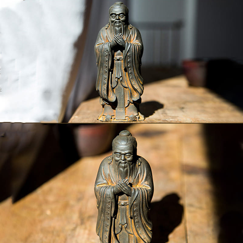 Statue de Confucius en résine de poudre de fer spirituelle faite à la main de 14 cm