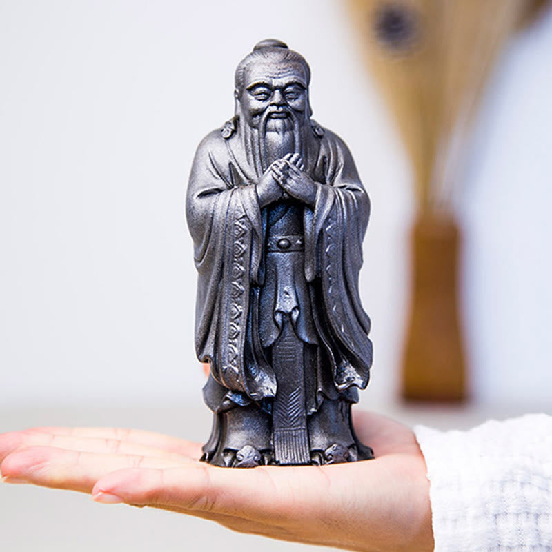 Statue de Confucius en résine de poudre de fer spirituelle faite à la main de 14 cm