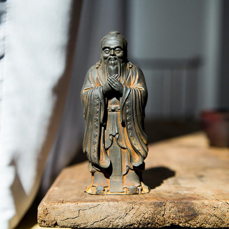 Statue de Confucius en résine de poudre de fer spirituelle faite à la main de 14 cm