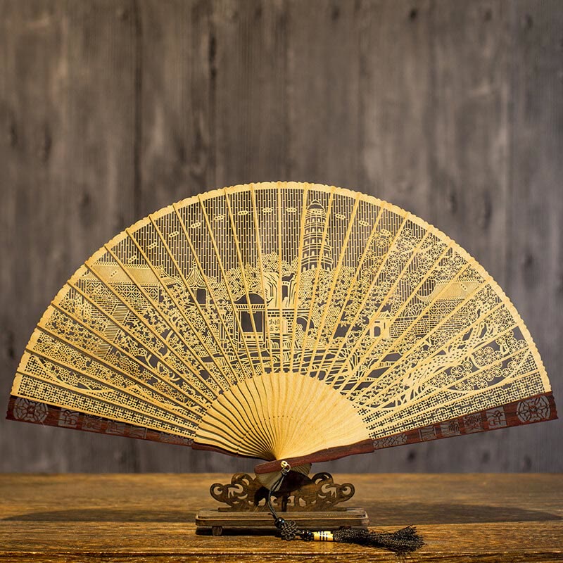 Burmese Wood Suzhou Garden Tiger Hill Folding Fan 22cm