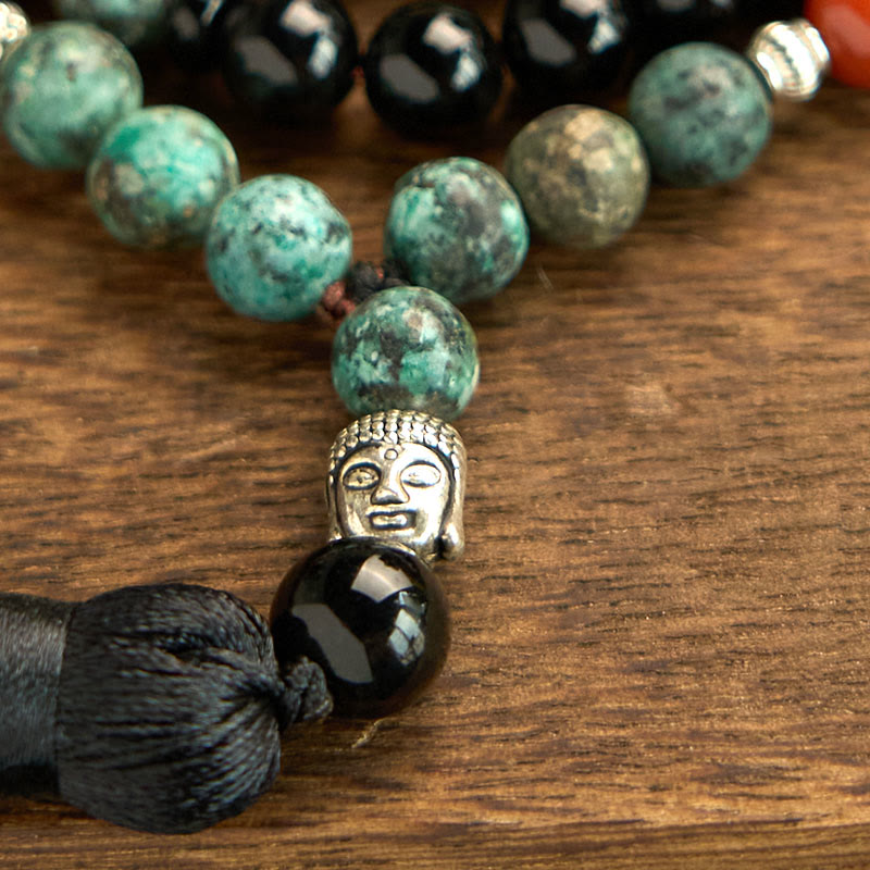 Bracelet Mala 108 perles en onyx noir, jaspe rouge et turquoise