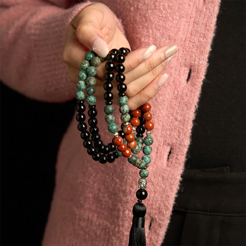 Bracelet Mala 108 perles en onyx noir, jaspe rouge et turquoise
