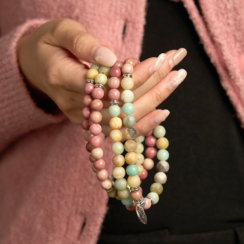 Bracelet Mala Compassion 108 perles en rhodonite et amazonite de 8 mm