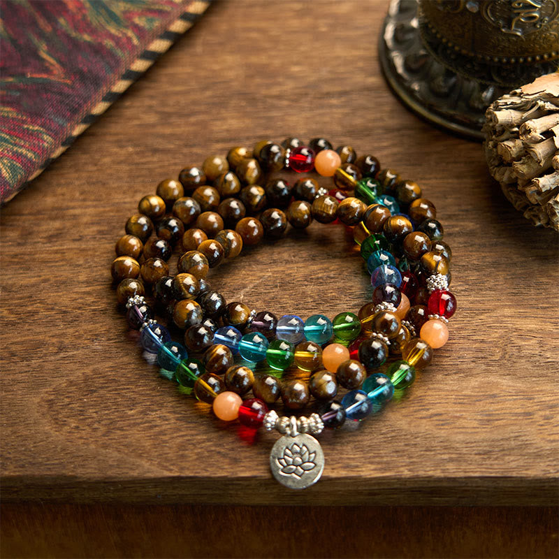 108 Beads Tiger Eye Colored Lotus Protection Bracelet