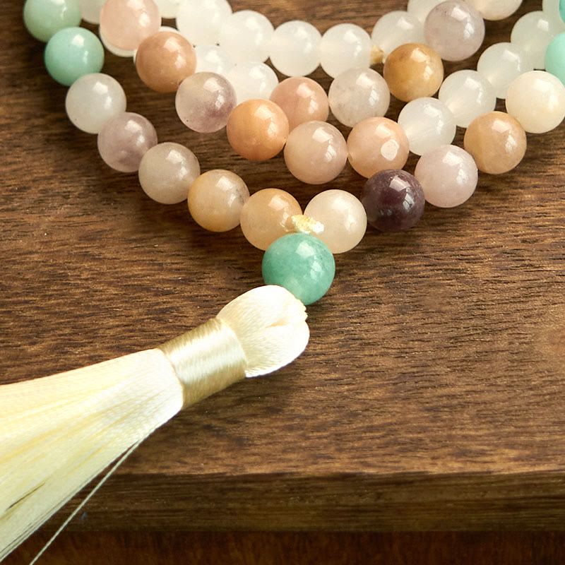 Bracelet Mala de guérison en jade blanc et amazonite à 108 perles