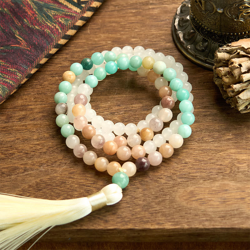Bracelet Mala de guérison en jade blanc et amazonite à 108 perles