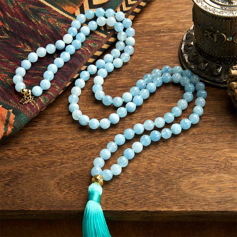 108 Beads Aquamarine Healing Bracelet with Lotus Pendant