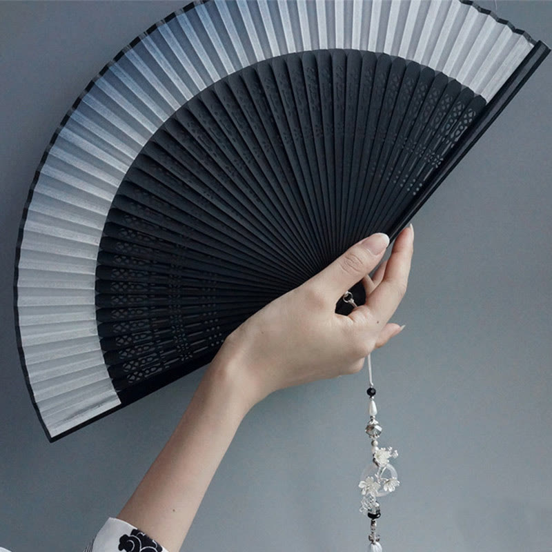 Silk Folding Fan Ink Gradient 22cm with Plum Tassel