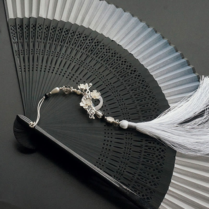 Silk Folding Fan Ink Gradient 22cm with Plum Tassel
