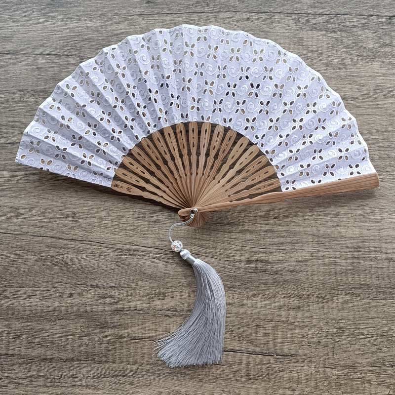 21cm Solid Color Hollow Flower Bamboo Hand Fan Cotton