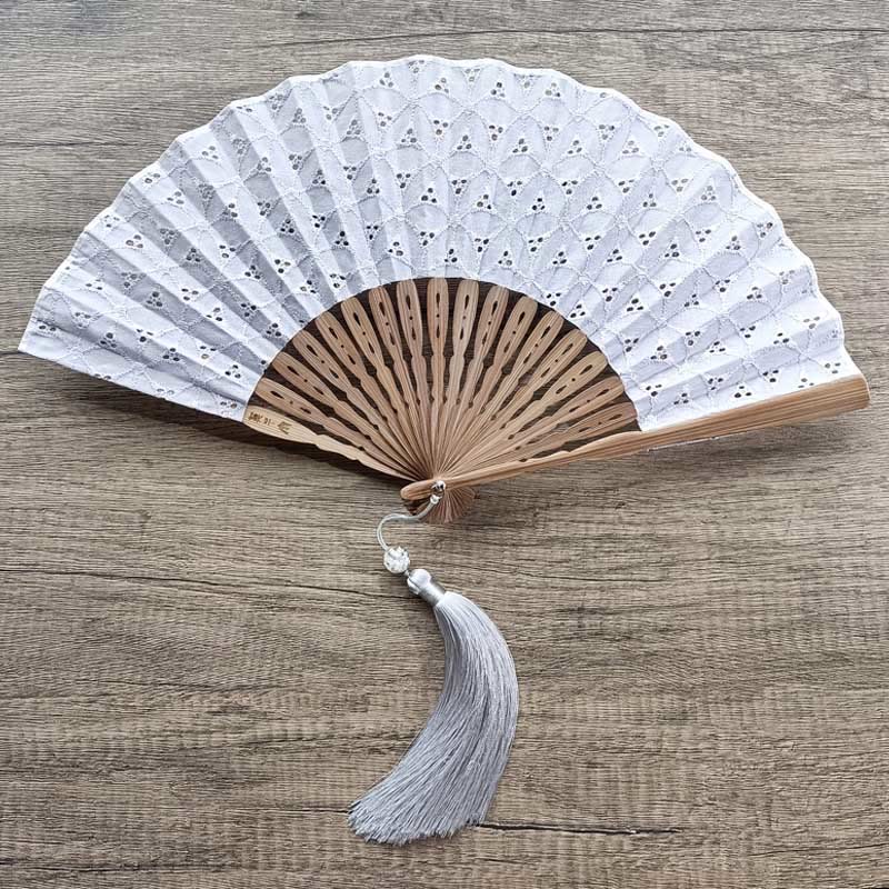 21cm Solid Color Hollow Flower Bamboo Hand Fan Cotton