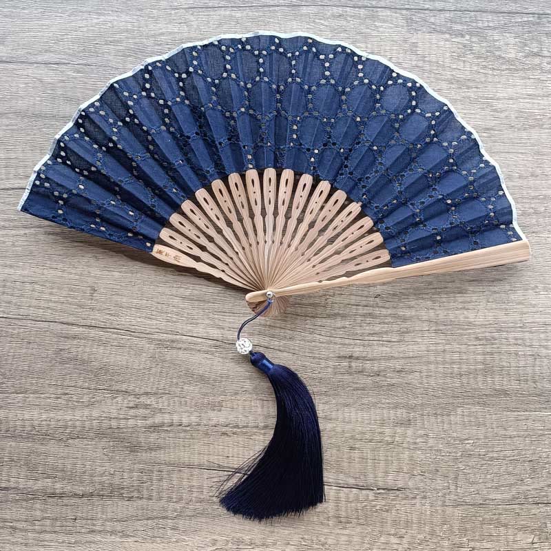 21cm Solid Color Hollow Flower Bamboo Hand Fan Cotton