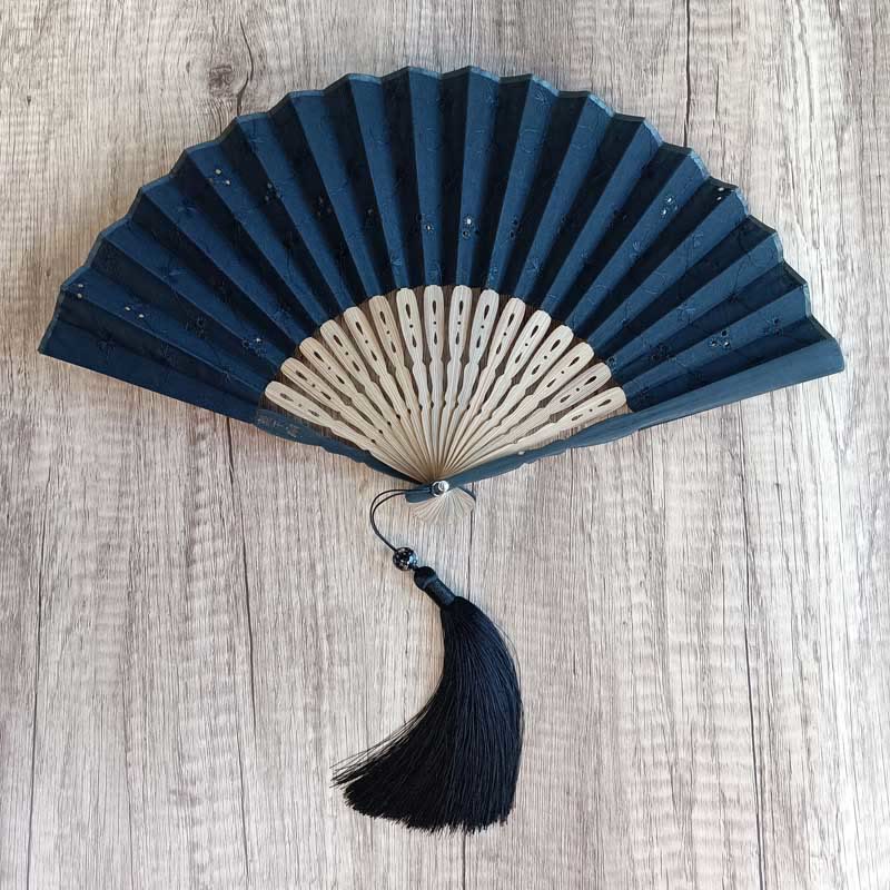 21cm Solid Color Hollow Flower Bamboo Hand Fan Cotton