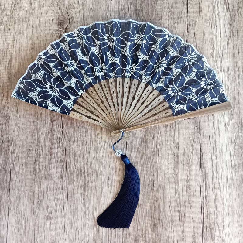 21cm Solid Color Hollow Flower Bamboo Hand Fan Cotton