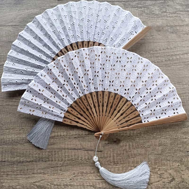 21cm Solid Color Hollow Flower Bamboo Hand Fan Cotton
