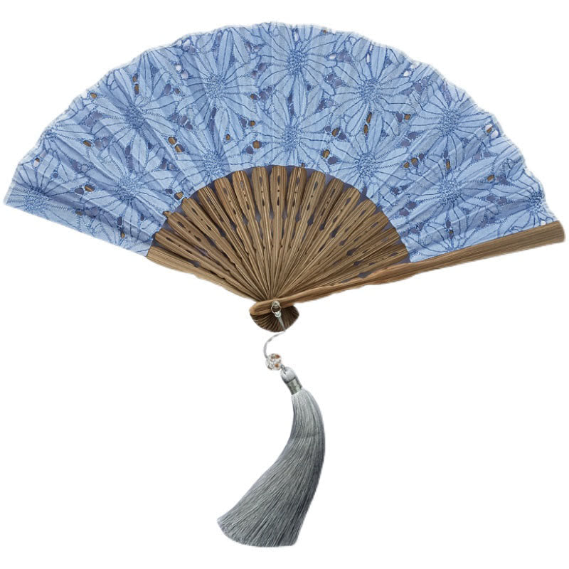 21cm Solid Color Hollow Flower Bamboo Hand Fan Cotton