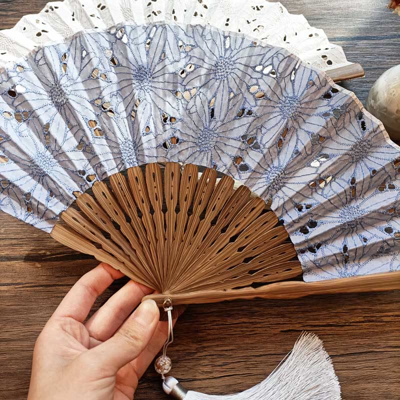 21cm Solid Color Hollow Flower Bamboo Hand Fan Cotton