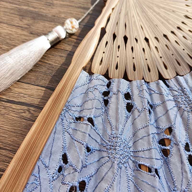 21cm Solid Color Hollow Flower Bamboo Hand Fan Cotton