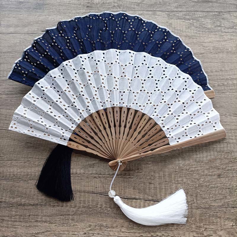 21cm Solid Color Hollow Flower Bamboo Hand Fan Cotton