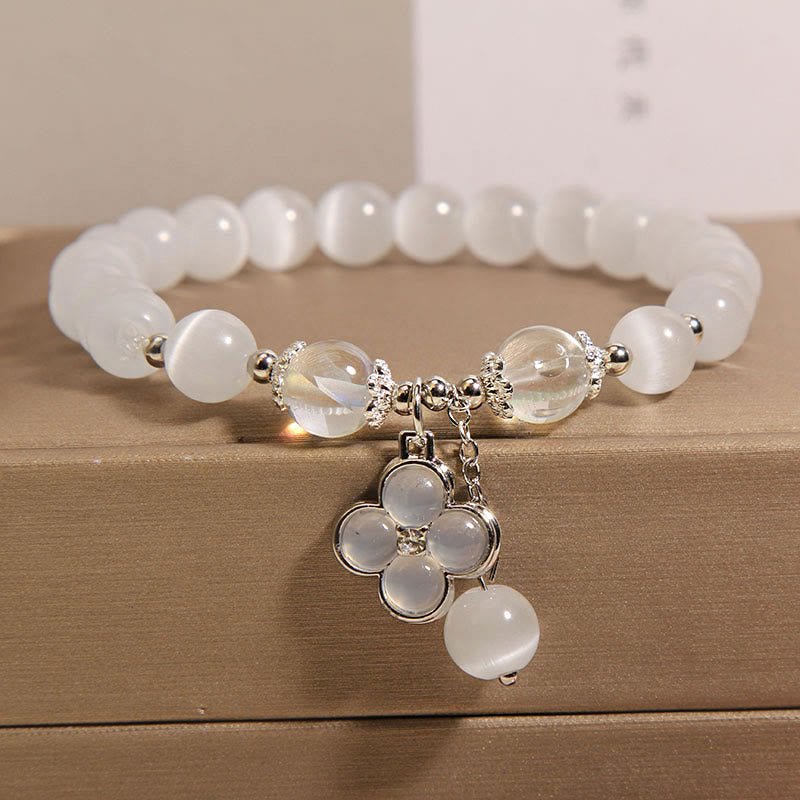 Lucky Cat's Eye Crystal Bracelet with Four Leaf Clover Charm