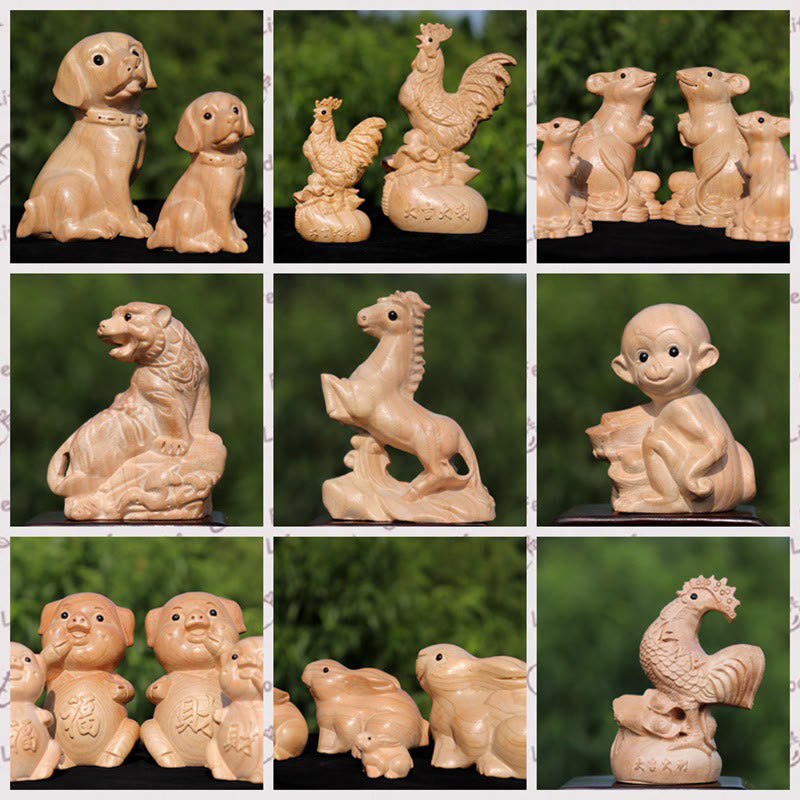 11.5cm Wooden Year of the Snake Fu Character Home Decor Statue